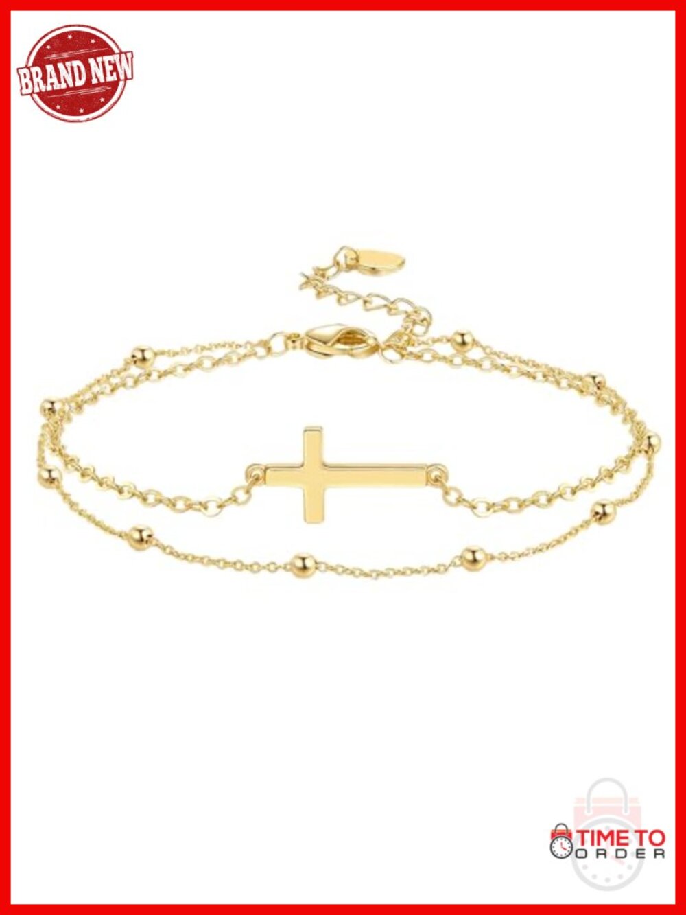 14K Gold Plated Double Layered Cross Bracelet for Women Bead Chain Bracelet